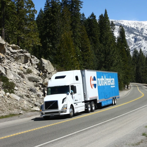 North American moving truck in mountains